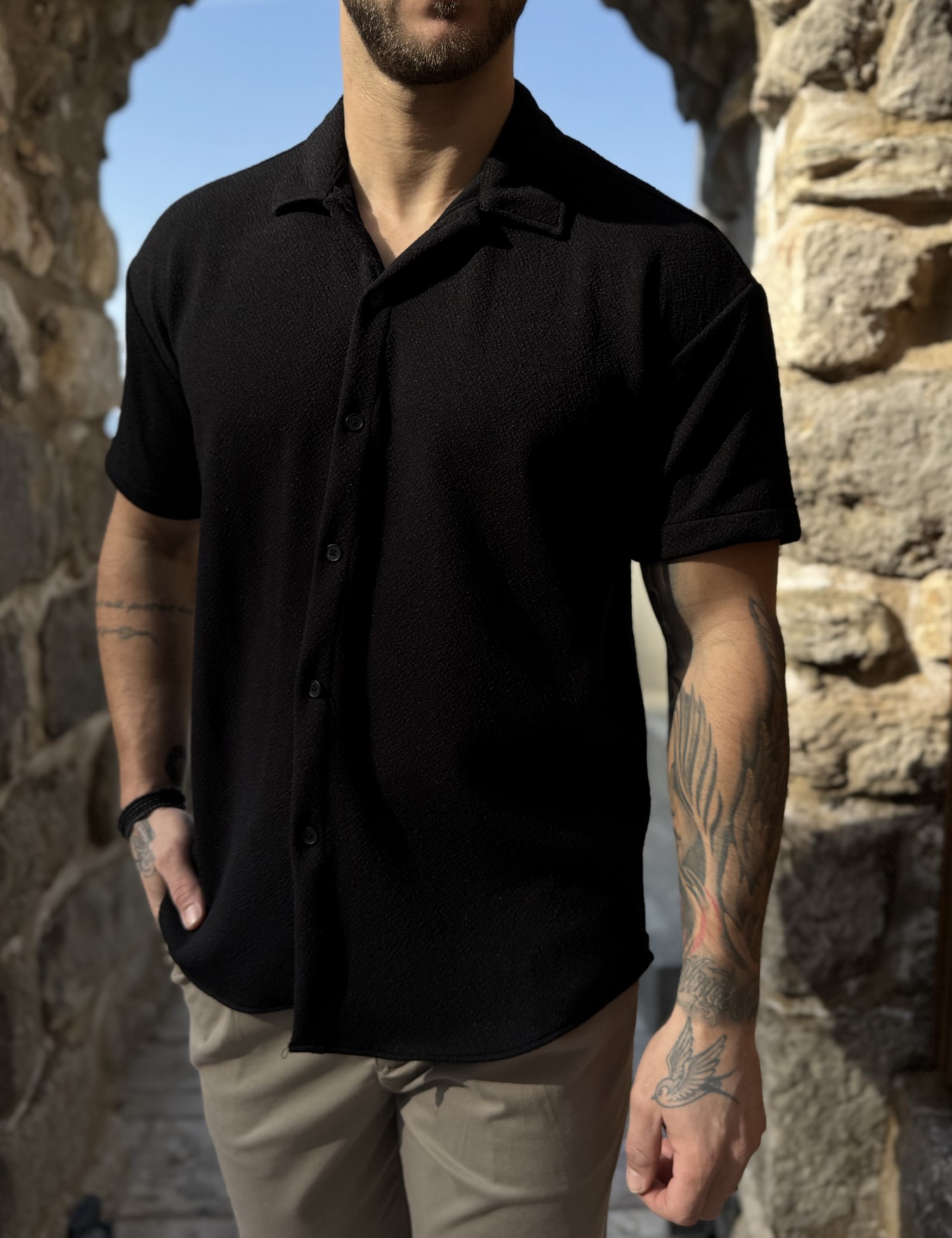 RMZ Ανδρικό μαύρο oversized κοντομάνικο πουκάμισο RMZ19142